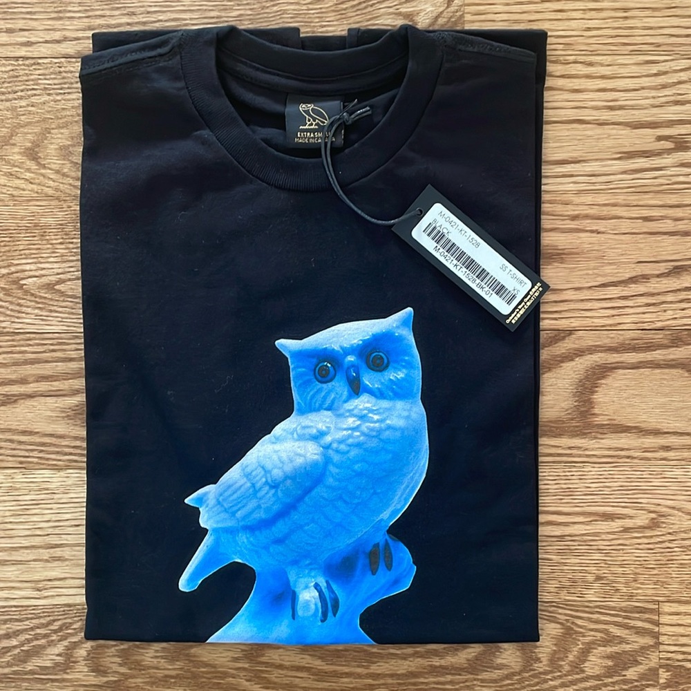 OVO  black graphic ceramic owl, T-shirt, extra small NWT. Sold out.